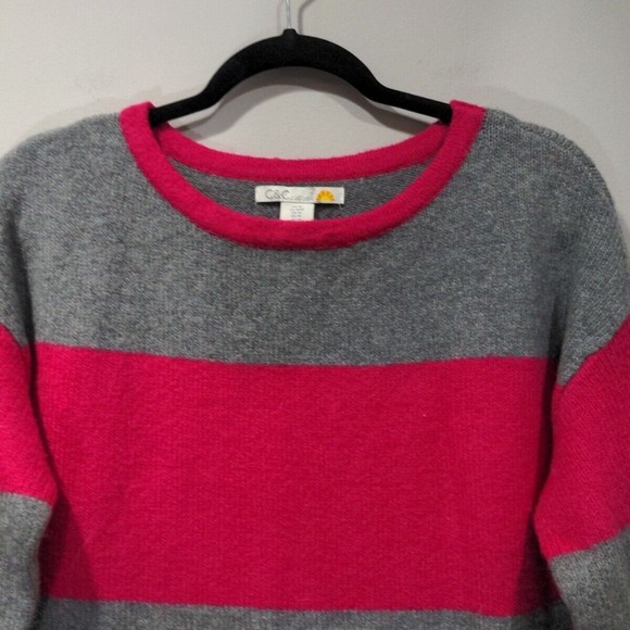 C&C California Women's Thick Stripe Crewneck Sweater Size Medium Gray Pink Red - Picture 3 of 9